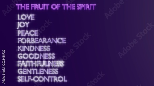 фотографія A 3D rendering of blocks spelling THE FRUIT OF THE SPIRIT alongside blocks for peace, self-control, joy, forbearance, love, faithfulness, kindness, goodness, and gentleness