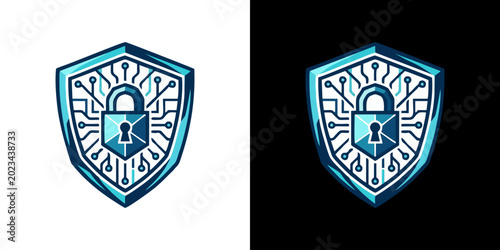 Obraz na płótnie Vibrant blue digital shield icon featuring a central padlock and intricate circu