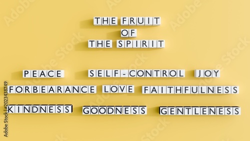 Fotografi A 3D rendering of blocks spelling THE FRUIT OF THE SPIRIT alongside blocks for peace, self-control, joy, forbearance, love, faithfulness, kindness, goodness, and gentleness
