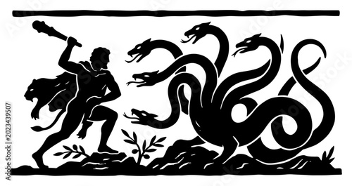 Canvastavla Hercules fighting the multi headed hydra monster with a club in ancient greek my
