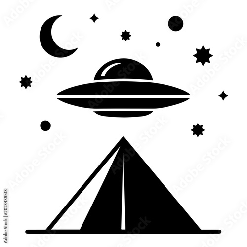 Tableau sur toile Flying saucer UFO hovering over a desert pyramid under the crescent moon and sta