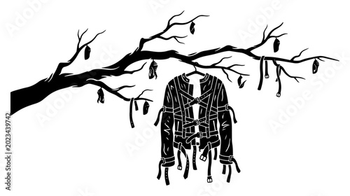 Foto Straitjacket hanging from a dry tree branch with cocoons in symbolic graphic sty