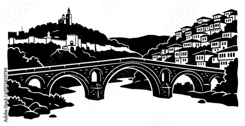 Foto Stone arch bridge spanning across a river with a scenic hillside town and mediev
