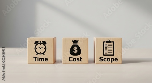 Three wooden blocks representing the project management constraints of time, cost, and scope, each with an icon and label.