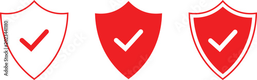 Schilderij op canvas Three red shield with checkmarks in outline, solid, and double-bordered styles s
