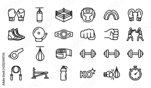 Foto Boxing Match and Combat Sports Line Icon Set Featuring Gloves, Rings, Punching B