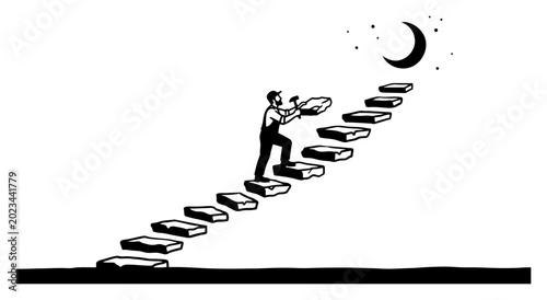 Bild auf Leinwand Man building stone stairs leading to moon and stars for success and dream concep