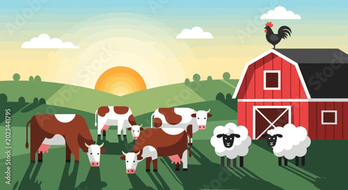 Tableau sur toile Farm animals grazing in green fields at sunrise with red barn and rooster on roo