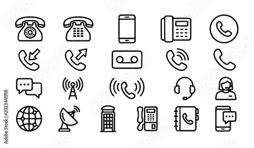 Foto Telephone and Communication Line Icon Set Featuring Rotary Phone, Smartphone, Of