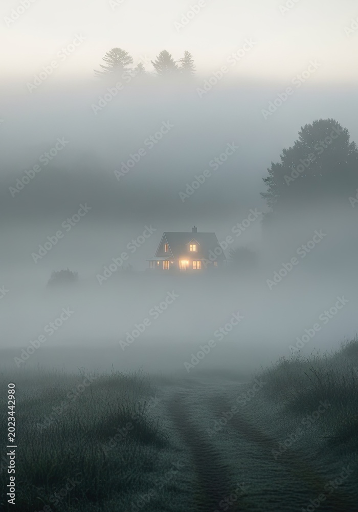 Fototapeta premium House emerging from mist with illuminated windows along a rural road