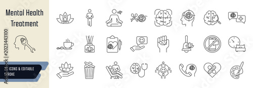 Mental health treatment line icons collection, 25 editable stroke symbols depicting clinical and diagnostic care, therapy and counseling, holistic and lifestyle treatment, and community and support