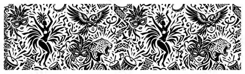 Quadro su tela Brazilian carnival dancers with masks and leopard festive border in black and wh