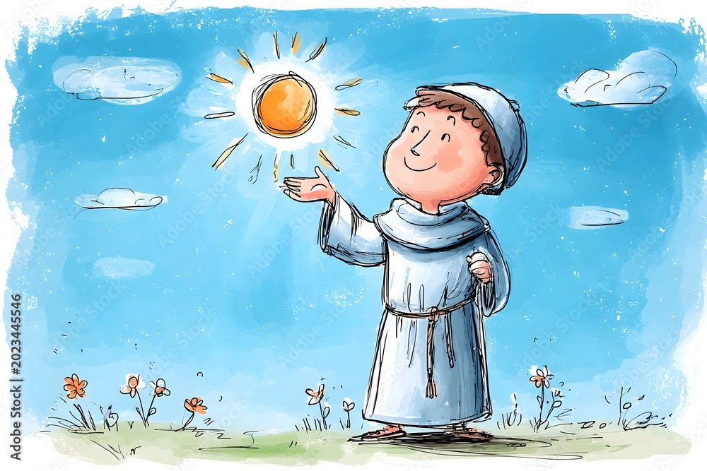 Naklejka premium Saint Bernardino of Siena clutches a glowing sun emblem evoking deep faith and inspiration.