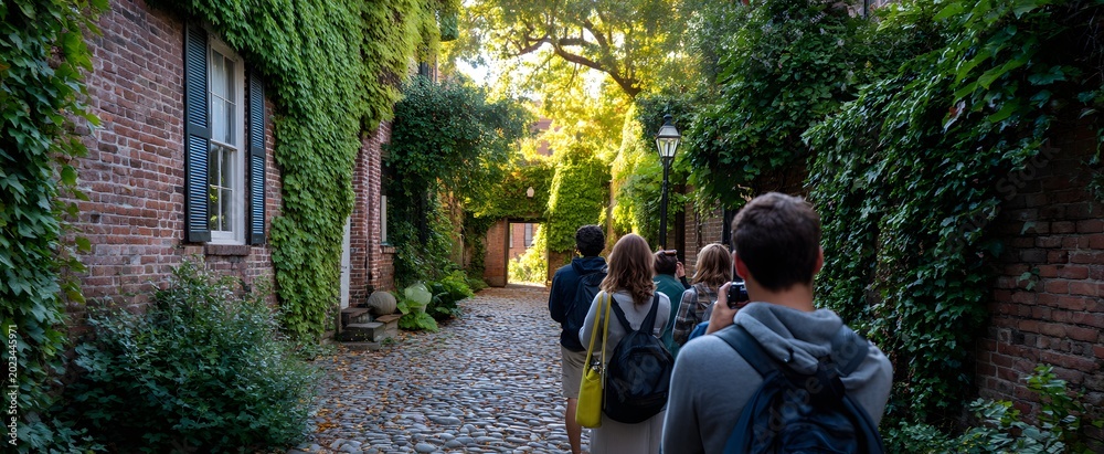 Obraz premium Friends practicing photography stroll cobblestones like hunters chasing sunbeam sparks through ivy.