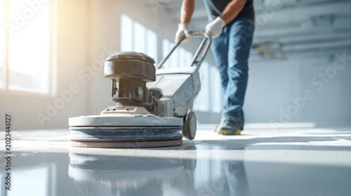 Polishing a concrete floor, a middle-aged man with fair skin wears a dark shirt and blue jeans while using an industrial machine in a bright room.