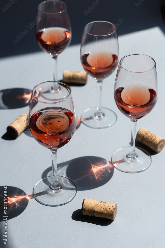 Obraz premium Four glasses filled with rose wine sit on grey surface. Direct sun creates shadows and light patterns. Wine corks rest near glasses. Simple composition.