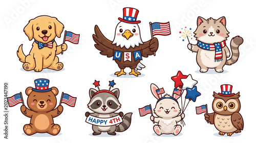 Set of cute animals celebrating Independence Day with flags on transparent background. Patriotic cartoon characters including eagle, dog, cat, bear, raccoon, rabbit and owl for holiday design.