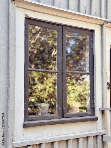 Traditional dark wooden farmhouse window with soft reflections of surrounding trees and sunlight. Rustic Scandinavian countryside architecture with nostalgic rural mood.