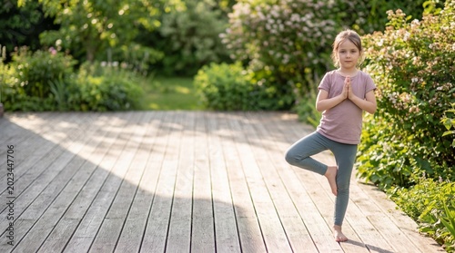 cute caucasian little girl practicing yoga tree pose on wooden terrace outdoors. kids mindfulness, healthy active lifestyle in nature. copyspace, banner, website header.