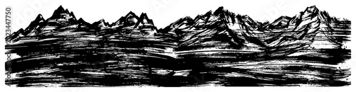 Valokuva Mountain range peaks panorama in artistic grunge woodcut style