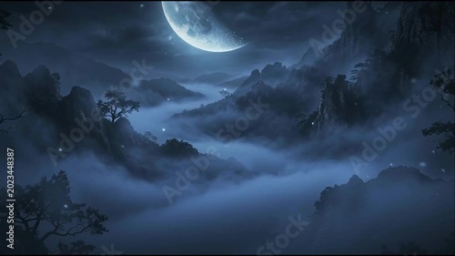 Serene crescent moon shining over misty mountains and winding river at night.