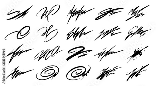 Konstfotografi Abstract hand drawn ink signatures and scribbles collection in black and white s