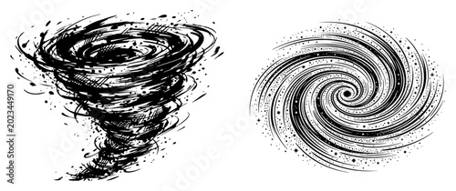 Photography Tornado weather phenomenon and spiral vortex galaxy set in detailed black and wh