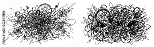 Photos Tangled electronic wires with headphones and cables in messy doodle sketch style