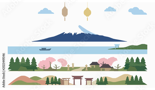 Mount Fuji outline icon collection with Japanese cultural and nature symbols