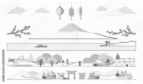 Mount Fuji illustration set with Japanese sakura landscape and peaceful cultural scenery