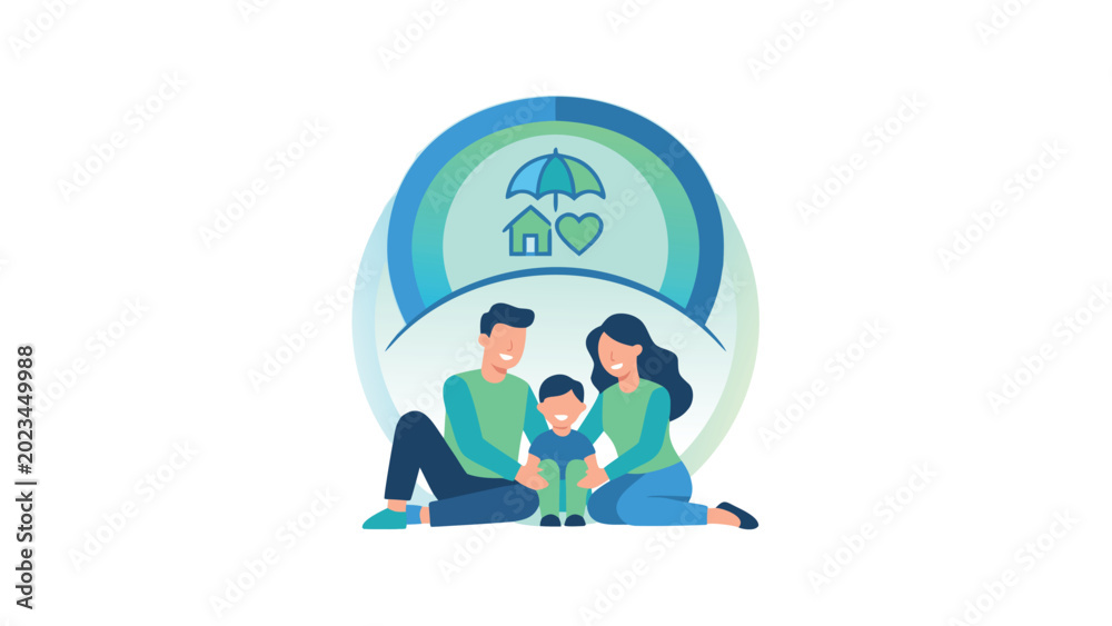 Fototapeta premium Stylized flat vector illustration of a happy family sitting under a protective shield, representing life insurance, safety, and security for home, health, and loved ones on white background.