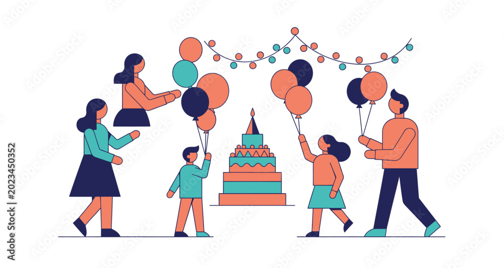 Fototapeta premium Family celebrating with birthday cake and balloons on transparent background