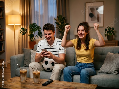 Happy couple watching soccer at home, woman cheering excitedly while man checks phone.