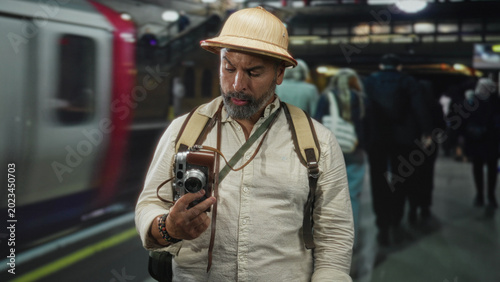 Schilderij op canvas Man holding vintage camera and backpack, inspecting the camera on a train platform inside a building; travel curiosity