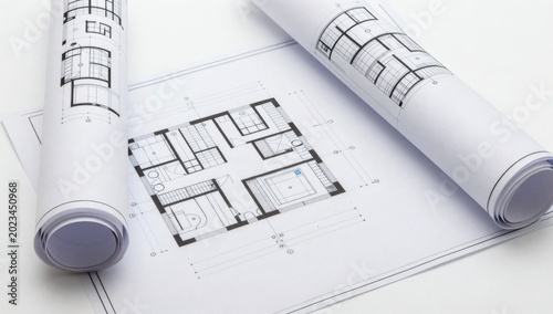Architectural blueprints of a house layout are seen lying on a white surface
