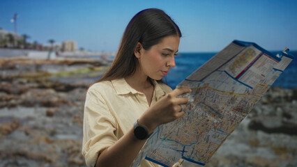 Woman reading a paper map and holding it with hands on a street near the seaside rocks and ocean; curiosity travel planning.