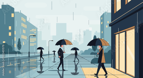 Photos People with umbrellas walking on wet city street during rainy day, urban scene