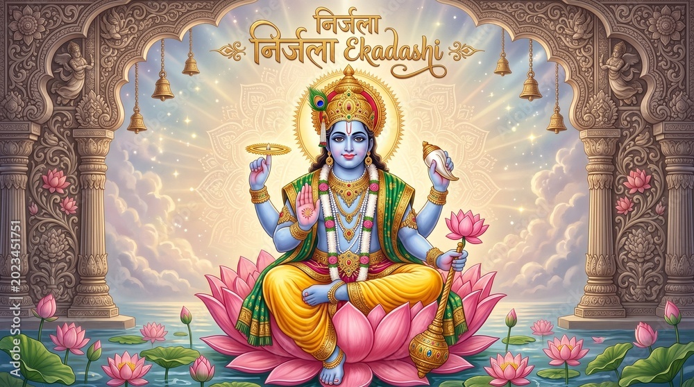 Fototapeta premium Lord Vishnu sitting on lotus for Nirjala Ekadashi festival banner