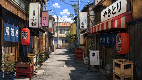 Japan Street in Tokyo City with Retro Izakaya Restaurants and Japanese Lanterns