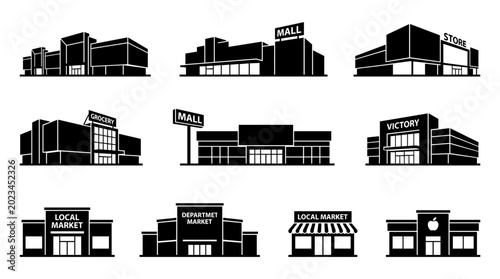 Bild auf Leinwand Modern Commercial Building and Shopping Mall Collection with Retail Storefront,