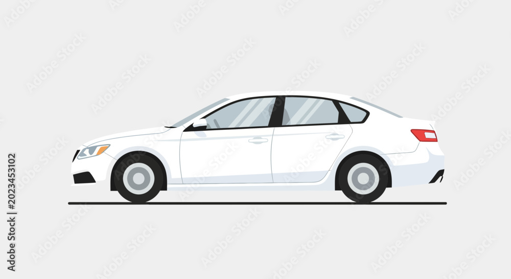 Fototapeta premium White sedan car side view illustration isolated on plain background
