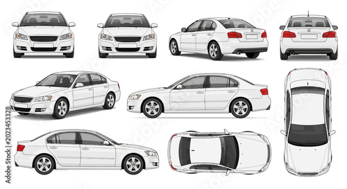 White sedan car vector illustrations set isolated perspective views