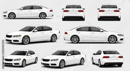 White sedan car vector illustrations side front and rear views isolated