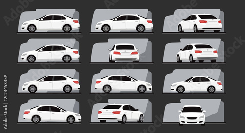 White sedan car vector illustrations various angles for design projects