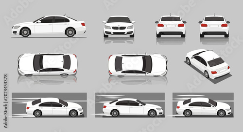 White sedan car views side front back top angles and motion on asphalt