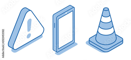 Isometric vector icon set of smartphone near traffic cone and exclamation mark on white background, breakdown or limitation