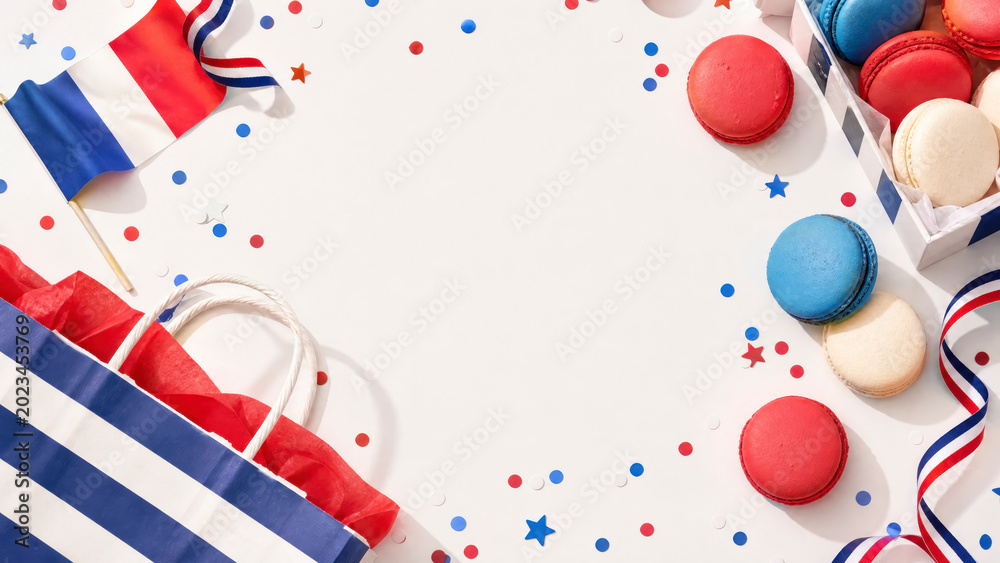Obraz premium Flat lay French celebration with macarons, shopping bags and confetti