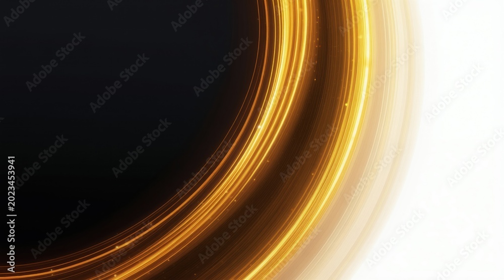 Fototapeta premium Abstract golden glowing light streaks curve across dark background. Concentric circles of bright energy trails with small sparkles suggest motion, speed, or digital data flow.