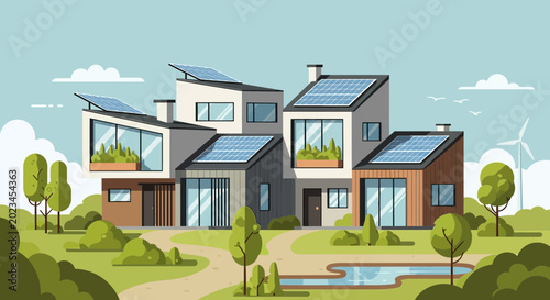 Obraz na płótnie Modern Eco-Friendly Houses with Solar Panels and Wind Turbine