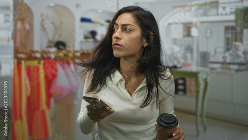 Foto Woman holding a ribbed takeaway coffee cup and smartphone, frowning and squinting while checking text messages in a clothing shop building; frustration uncertainty